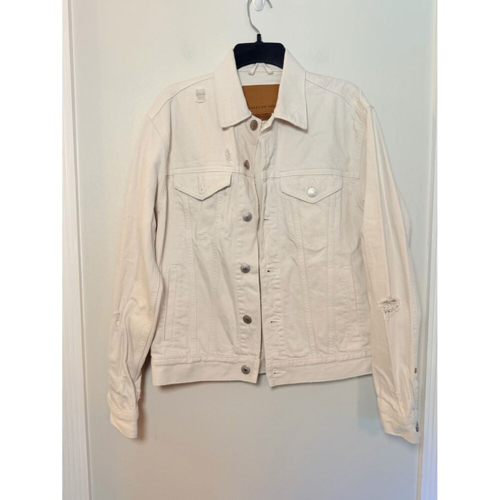 American Eagle Distressed White Denim Jacket Size Small